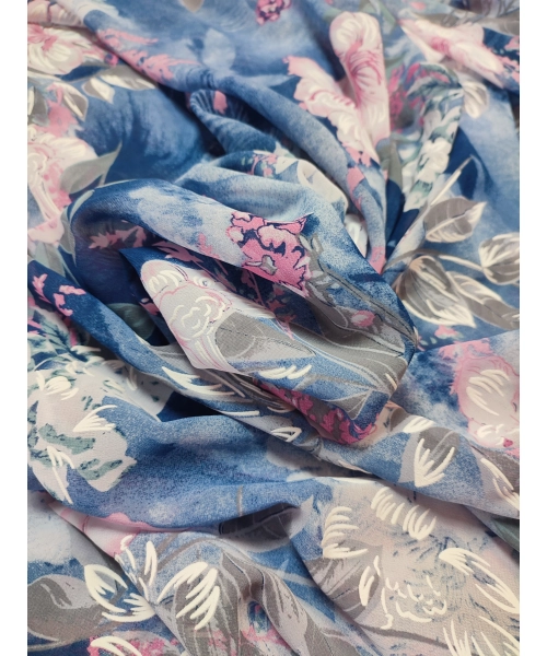 Niebieska elastyczna dzianina Jersey - białe i różowe kwiaty